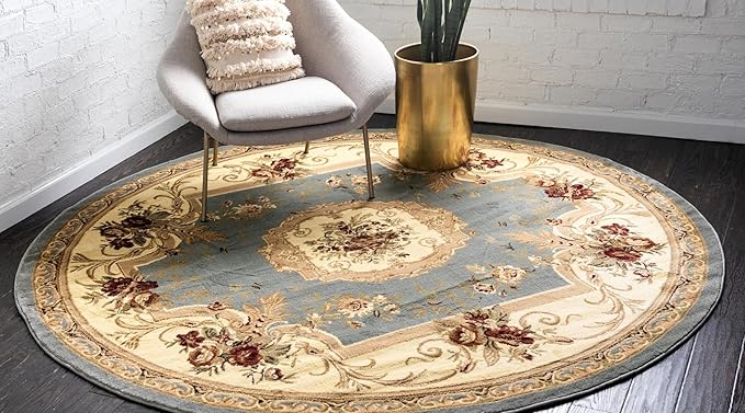 Rugs.com Chateau Collection Rug – 7' Round Light Blue Medium Rug Perfect for Kitchens, Dining Rooms