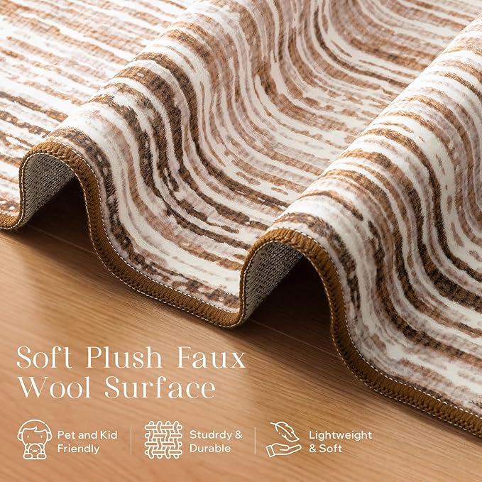 Phantoscope Washable Area Rug 5'x7' Non-Slip, Modern Neutral Boho Rugs for Living Room, Bedroom, Dining Room, Distressed Geometric Rectangle Pattern, Low-Pile Foldable Floor Carpet, Neutral Beige/Rust