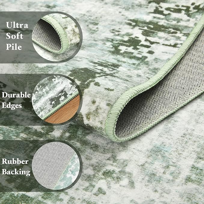 Washable Abstract Rug, 3x5 Modern Area Rugs with Non-Slip Rubber Backed for Bedroom, Thin but Soft Contemporary Carpet Kitchen Living Room Decor, Green