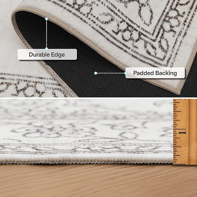 ReaLife Rugs Machine Washable Area Rug - Living Room Bedroom Bathroom Kitchen Entryway Office - Padded Low Pile Stain Resistant Premium - Boho Farmhouse Vintage - Paige - Ivory 5' x 7'