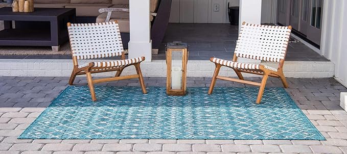 Unique Loom Outdoor Trellis Collection Area Rug - Tribal Trellis (5' 1" x 8' Rectangle, Teal/ Ivory)