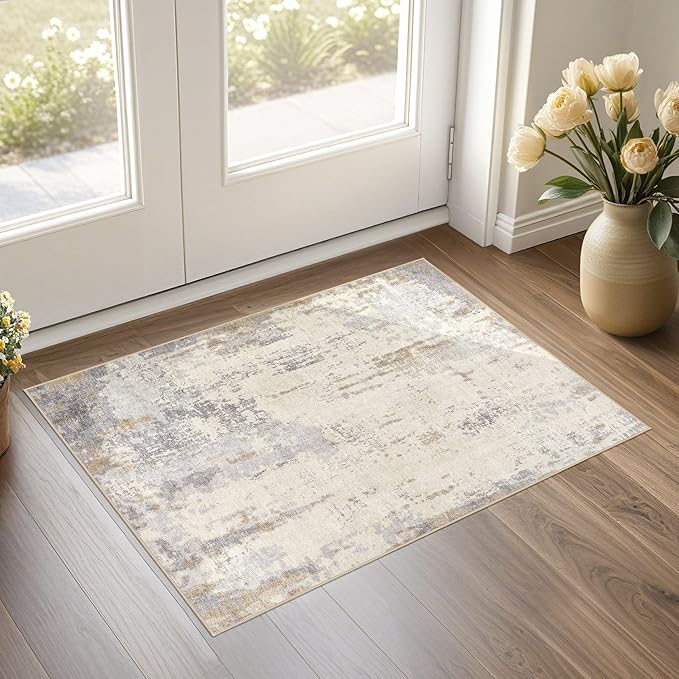2x3 Entryway Area Rug: Washable Neutral Modern Abstract Small Rug - Non-Slip Low Pile Throw Indoor Carpet for Entrance Kitchen Front Door Mat Bathroom Entry Kids Room - Light Brown/Gray