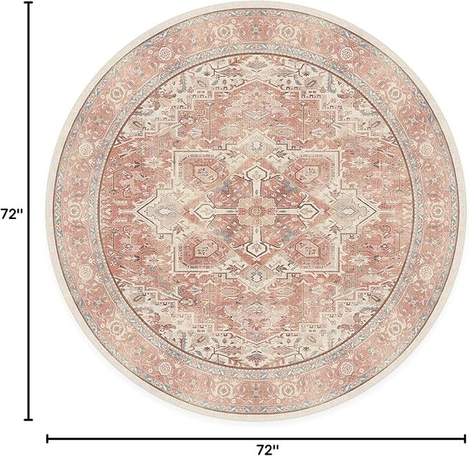 RUGGABLE Washable Area Rug – Kamran Rose Pink 6 ft Round, Stain-Resistant, Non-Slip – Medium Machine Washable Rugs for Living Room, Bedroom, Hallway, Entryway & Office–with Cushioned Pad