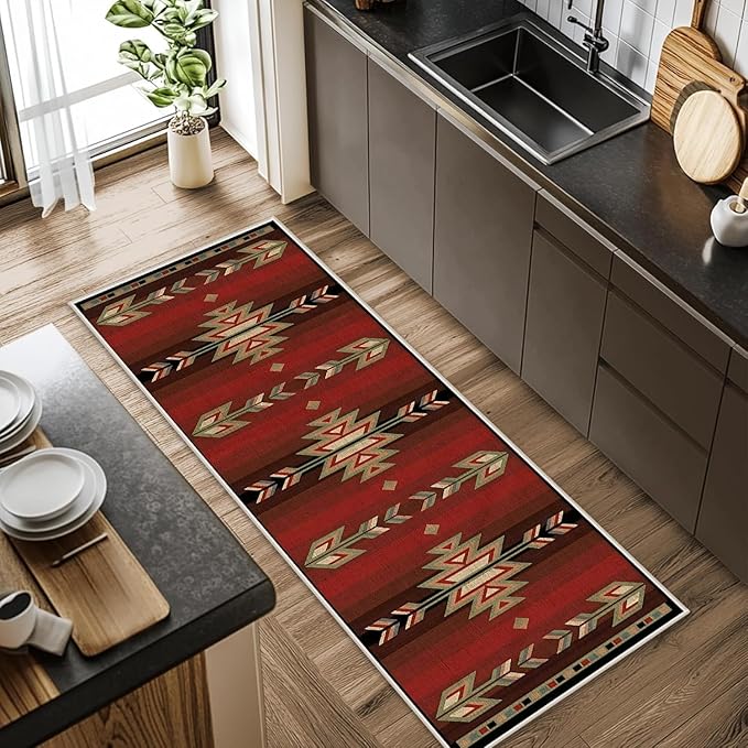 Red Arrow Runner Rug, 1.3x7ft Retro Geometric Hallway Runner Rug - Corridor & Busy Home Foyer Rugs, Washable Flannel Non-Slip Mat, Southwestern Tribe Decor Carpet for High-Traffic Areas