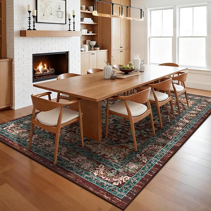 U'Artlines Christmas Boho Vintage Area Rug 5x7 Machine Washable Low Pile Ultra-Thin Soft Floor Carpet Non Slip Non Shedding Accent Rug for Living Room Bedroom Entryway Dining Room Office(Rust＆Teal)