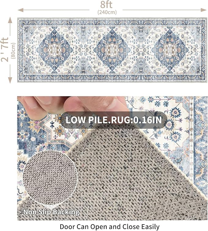 Enkor Runner Rug for Hallway, 2.6x8 Washable Soft Non Slip Floor Rugs for Kitchen, Modern Mat for Living Room Bedroom Entryway Blue & White