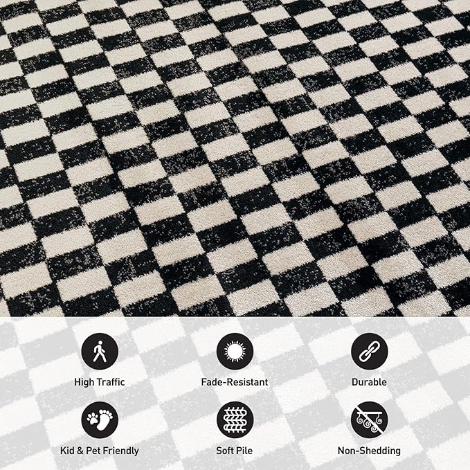 Rugshop Black and White Checkered Area Rug – High-Contrast Grid Pattern Carpet for Living Room, Bedroom, or Dorm – Trendy Contemporary Soft Floor Décor 2' 3" x 8' Runner Black