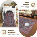 Washable Area Rug 4' x 6' Vintage Traditional Persian Mat - Foldable Distressed Non-Slip Machine Washable Carpet for Living Room Bedroom Kitchen Home Decor - Indigo and Crimson