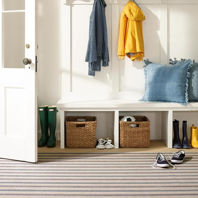 Dash & Albert Nimes Ticking Neutral Machine Washable Rug, 8.5 X 11.5 Feet, Blue Stripe Pattern