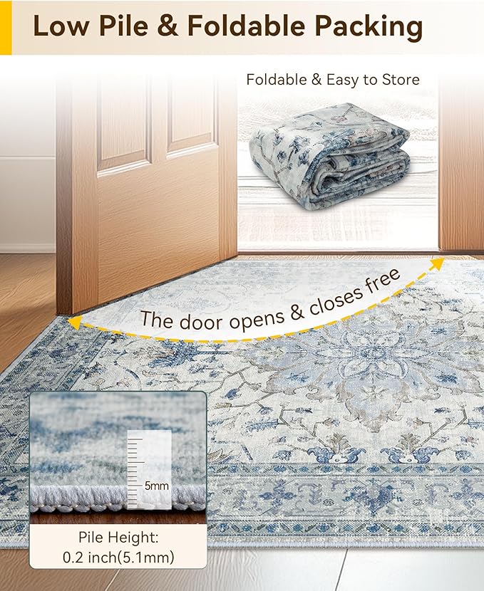 Area Rugs 2'x6' Washable Non-Slip, Floral Vintage Distress Print Pattern Medallion Carpet for Living Room Bedroom Dining Room, Light Blue Navy Beige Gray White