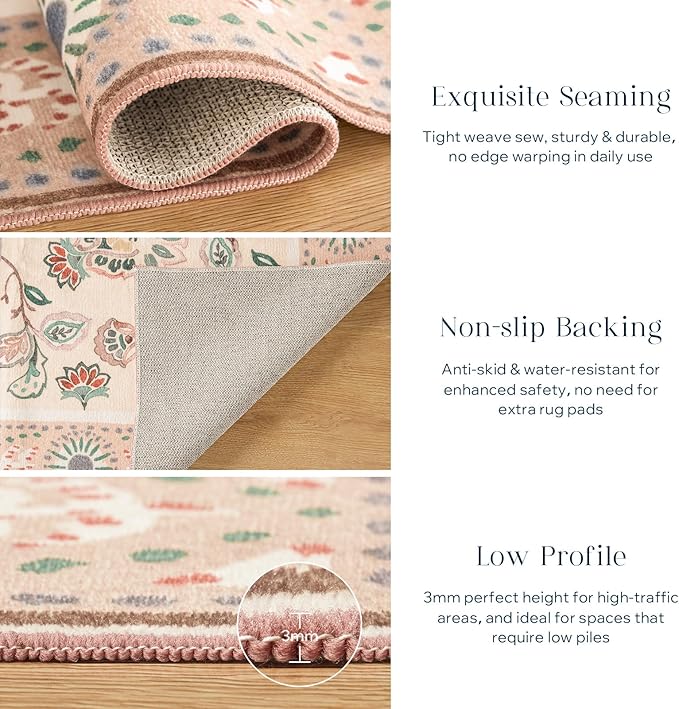 Phantoscope Washable Area Rug 9'x12' Non-Slip, Vintage Boho Rugs for Living Room, Bedroom, Dining Room, Persian Floral Medallion Pattern, Low-Pile Foldable Floor Carpet, Ivory Rose/Fall Bloom