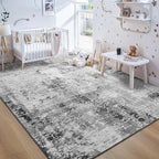 Living Room Rug 8x10 Gray Area Rugs Machine Washable Abstract Boho Large Rug Non-Slip Non-Shedding Faux Wool Indoor Vintage Carpet for Bedroom, Classroom, Dining Room, Kids Playroom
