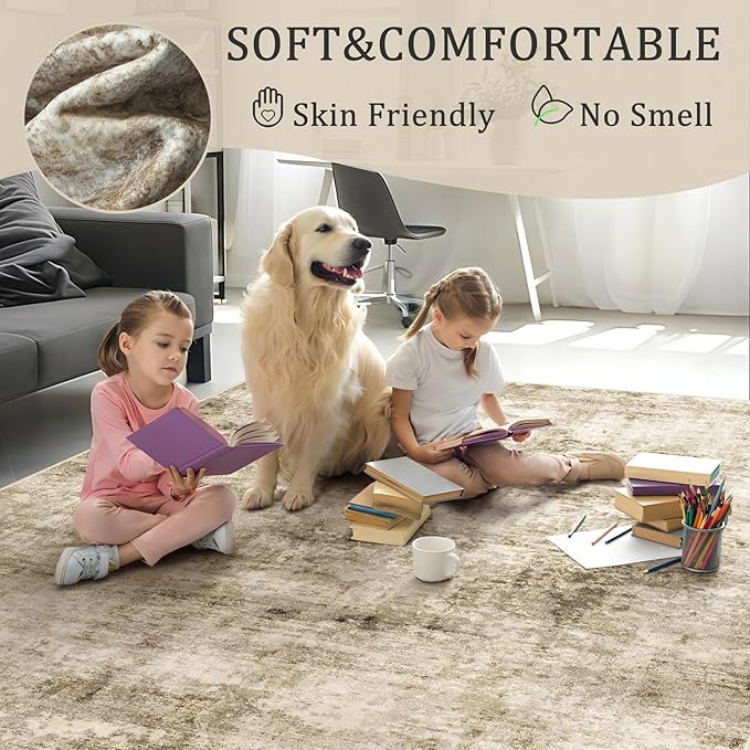 6x9 Machine Washable Area Rug for Living Room, Brown Modern Vintage Abstract Rug Large Non-Slip Low Pile Soft Faux Wool Carpet, Kids and Pets Friendly for Bedroom Dining Room Farmhouse Home Decor Rug