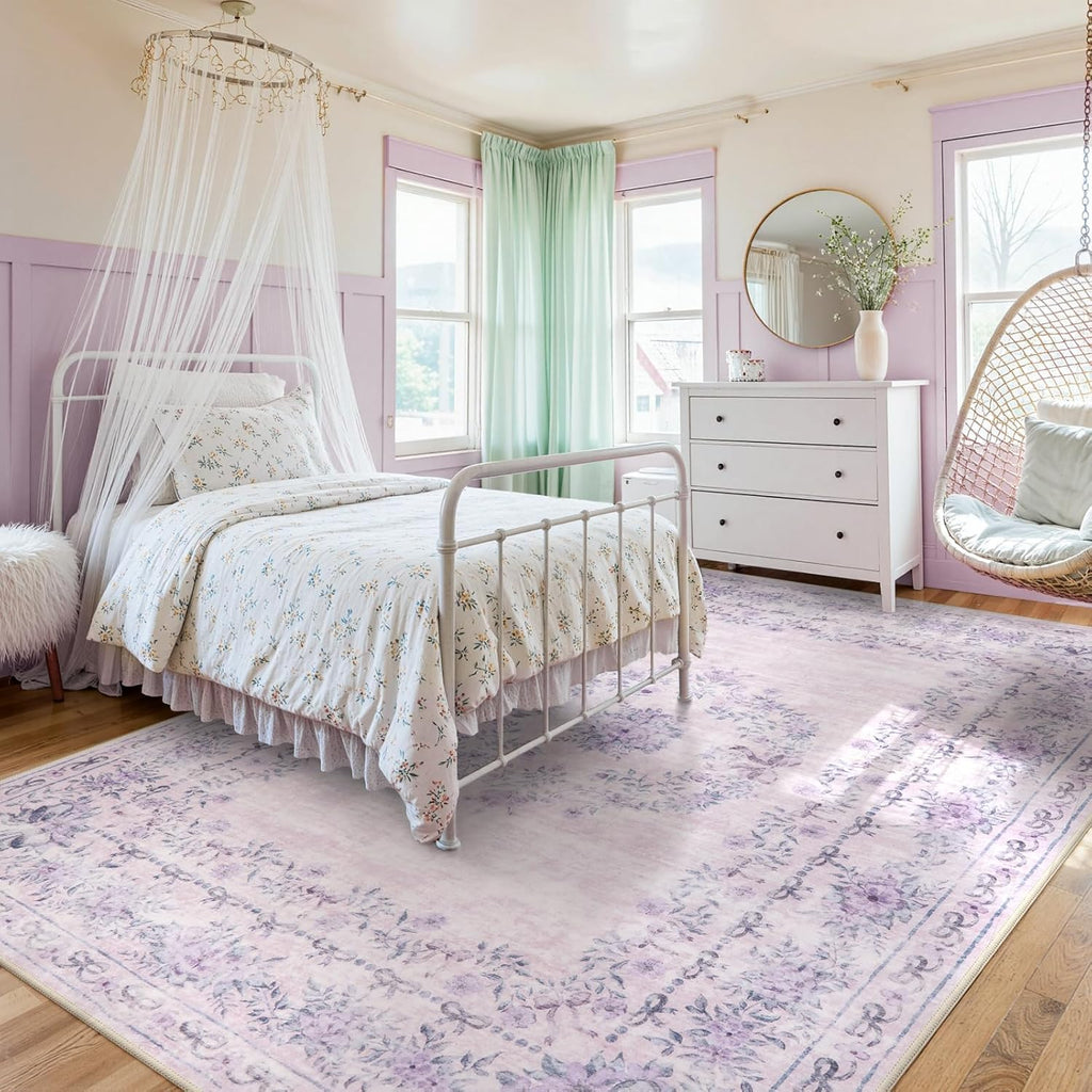 Wonnitar Floral Print 8x10 Washable Rug, Purple Bow Room Decor for Girls Bedroom, Ultra-Thin Non Slip Soft 8 x 10 Large Boho Carpet for Living Room Baby Nursery Kids Playroom