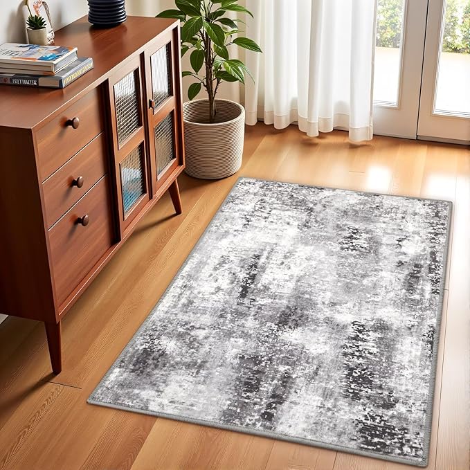 Washable Abstract Rug, 2x3 Small Modern Area Rugs with Non-Slip Rubber Backed for Kitchen, Thin but Soft Throw Carpet Bedroom Entryway Front Door Decor, Dark Grey