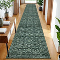 Vintage Runner Rug 2x12, Dark Green Washable Long Kitchen Runner Non-Slip Floral Soft Hallway Rug Runner Thin Print Faux Wool Carpet for Entryway Bedroom Laundry Room Indoor Home Decor