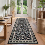 GarveeHome Washable Runner Rug 2.5 x 8 Non-Slip Non-Shedding Soft Vintage Bedside Low Pile Farmhouse Floral Carpet, Indoor Foldable Printed Entryway Rug for Hallway Kitchen, Black