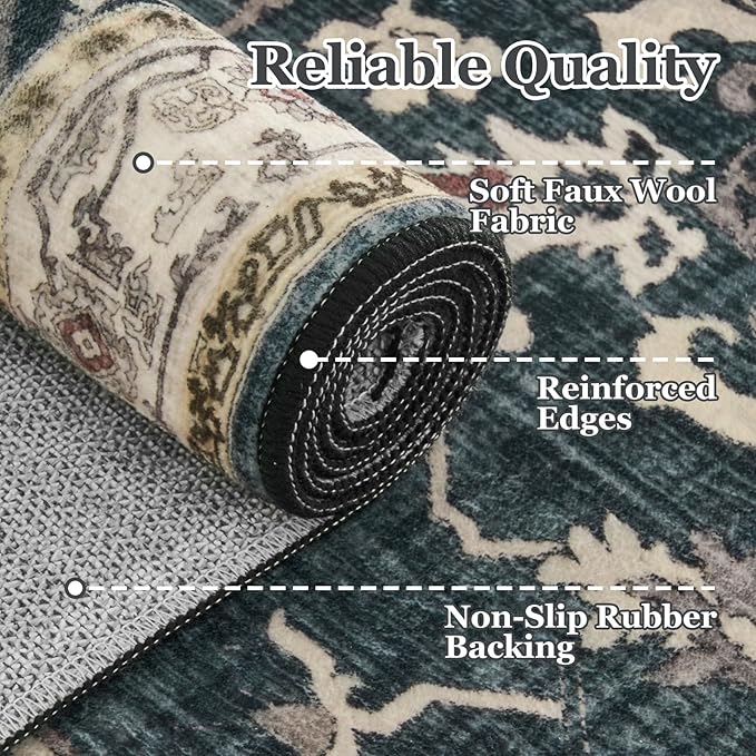 Medallion Hallway 2x8 Runner Rug, Washable Non Slip Entryway Runner Indoor, Low Pile Thin Vintage Distressed Carpet Runners 8ft for Kitchen/Bedroom Bedside/Laundry Room/Bathroom, Midnight/Multi