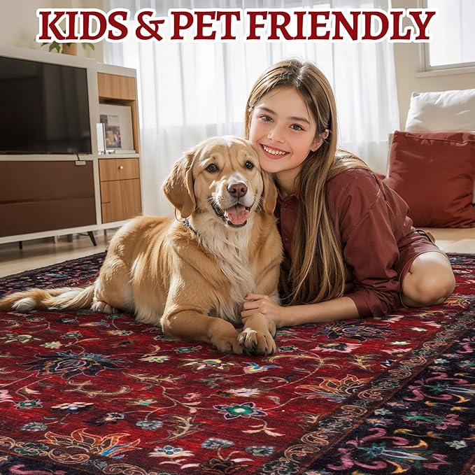 Tangsoo Floral Washable Runner Rug, 2x5 Rug Runners for Hallways Non Slip, Vintage Boho Runner Rug for Entryway Indoor, Blue Print Carpet Runner, Soft Low Pile Runner for Kitchen Bedroom Red
