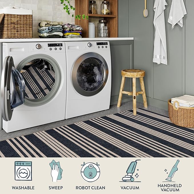 Lahome Striped Easy Jute Runner, 2x6 Kitchen Runner Rug Non Slip Washable Outdoor Rug for Entryway Indoor, Farmhouse Indoor Outdoor Black Carpet for Hallway 6ft Entry Front Door