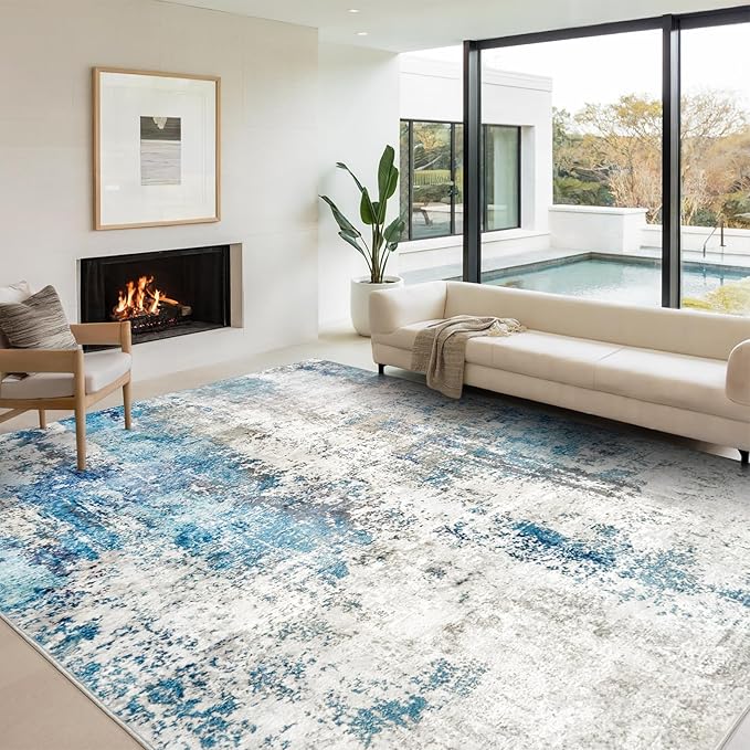 Area Rug for Living Room 10x14 - Extra Large Washable Neutral Modern Abstract Rugs, Soft Carpet with Non Slip Backing for Under Dining Room Table, Bedroom, Home, Office, Dorm - Blue Gray
