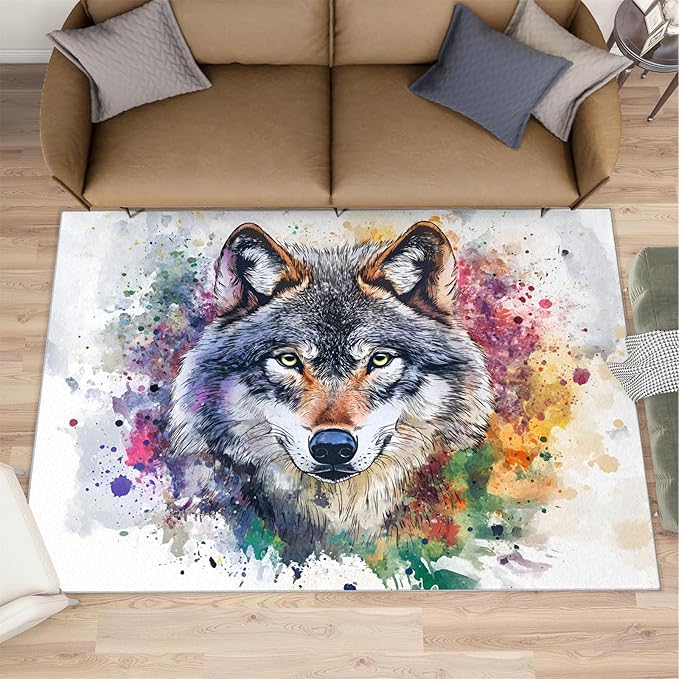 Wolf Rugs for Bedroom - 6x8 Area Rug - Graffiti Wolf Rugs for Living Room, Abstract 3D Animal Graffiti Rug, Washable Home Decor Carpet