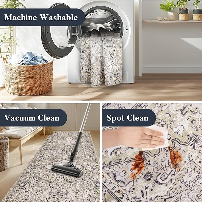 PURRUGS Vintage Farmhouse Boho Runner Rug 2x6 ft, Non-Slip Machine Washable Rug, Accent Oriental Area Rug for Kitchen, Hallway, Entryway, Bedroom, Living Room and Dining Room, Taupe/Vanilla