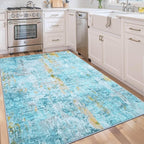 Area Rug 4x6 Teal Blue Rug Washable Boho Rugs Non Slip Low Pile Abstract Small Carpet for Entryway, Bedroom, Kitchen, Classroom, Kids Room, Office, Dorm, Dining Room