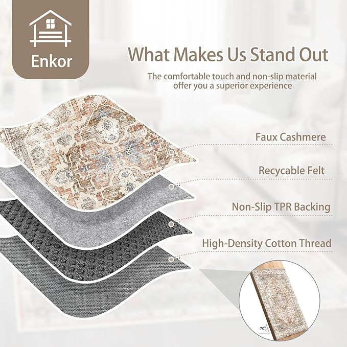 Enkor Area Soft Rugs 2x3 Washable Non Slip Boho Small Floor Entryway Rugs for Hallway, Vintage Style Farmhouse Mat for Kitchen Beige & Brown