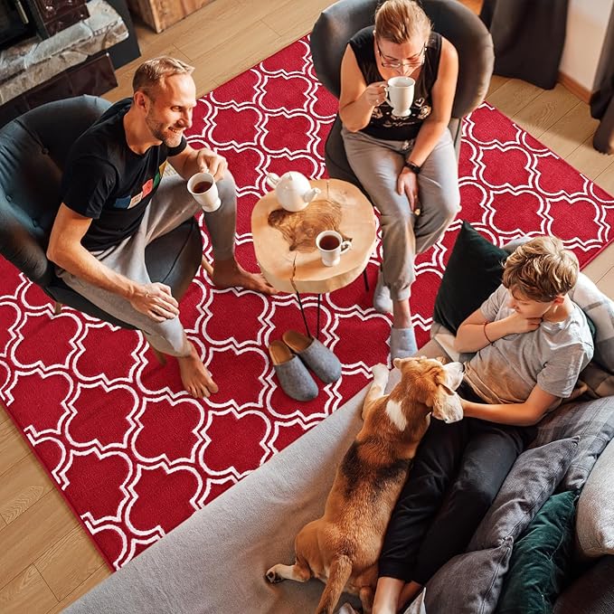 Amearea Fluffy Indoor Trellis Rug, Soft Moroccan Home Rugs for Bedroom, Shag Modern Area Rug for Living Room Kids Room Nursery, Easy Clean, Home Decor Low Pile Carpet, Wine Red 4x6 Feet