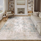 8x10 Washable Area Rug Beige Blue Abstract Living Room Bedroom Carpet Neutral Modern Non Slip Soft Low Pile Large Throw Rug for Dining Room Kitchen Office