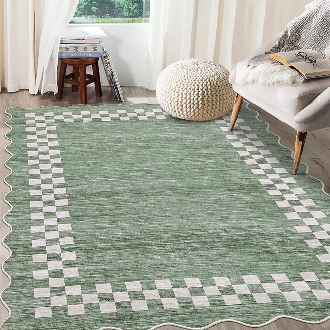 GarveeHome Area Rug 6x9 Large Living Room Modern Border Throw Rug with Rubber Backing Stain Resistant Dining Room Throw Carpet Washable Scalloped Rug for Bedroom Home Decor Office, Green