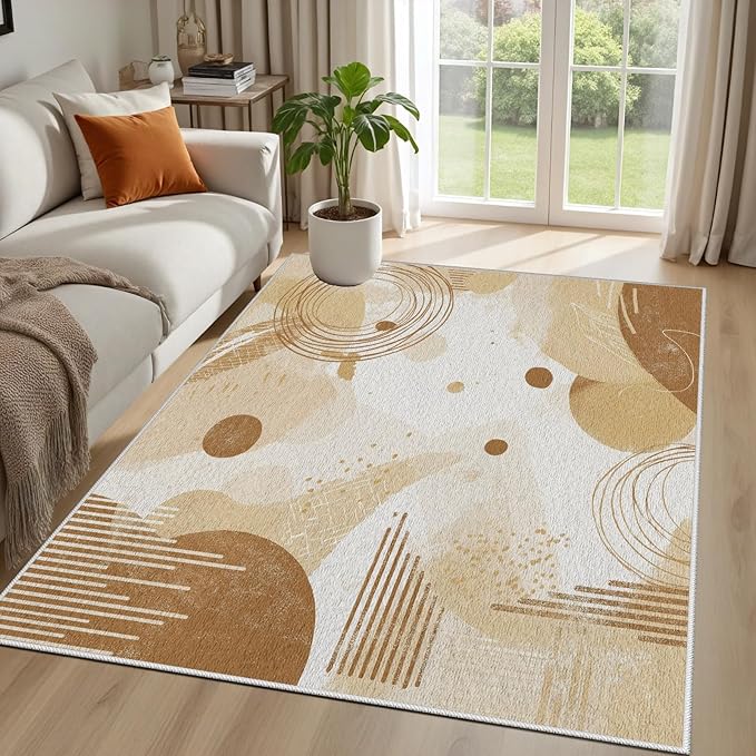 Minimalist Abstract Area Rug 7x9 Beige Boho, Modern Washable Geometric Art Carpet, Soft Non-Slip Low-Pile Carpet for Living Room, Bedroom, Kitchen, Dining Room, Pet Friendly, Non-Shedding, Brown
