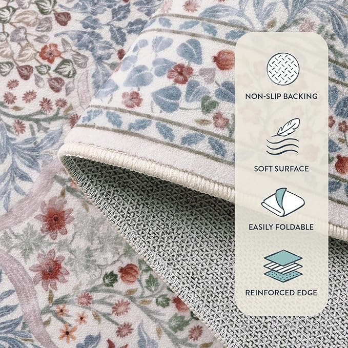 Lahome Floral Washable Area Rugs 5x7, Soft Beige Rugs for Living Room Bedroom, Boho Non Slip Low Pile Forest Design Large Throw Carpet for Farmhouse Dining Room Nursery, Beige/Blue