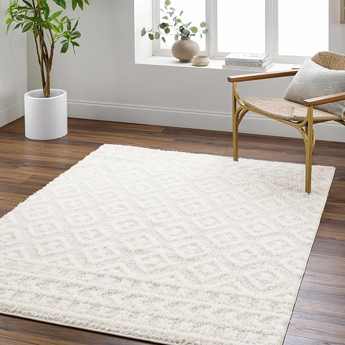 Hauteloom Tilos Moroccan Farmhouse Hallway, Entryway Shag Runner Rug - Shaggy Long Runner Rug - Trellis Pattern - High Plush Pile - Cream, Pink, Beige - 2'7" x 7'3"