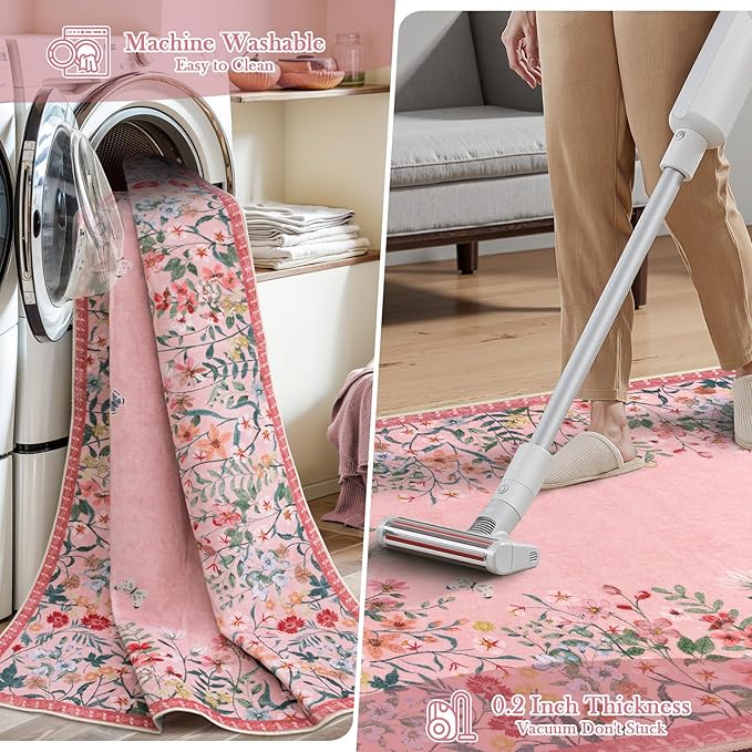 Wonnitar Washable 5ft Round Area Rug, Pink Floral Living Room Rugs for Bedroom Girls, Low Pile Soft Botanical Throw Carpet for Kids Nursery Room (Pink,5ft-Round)