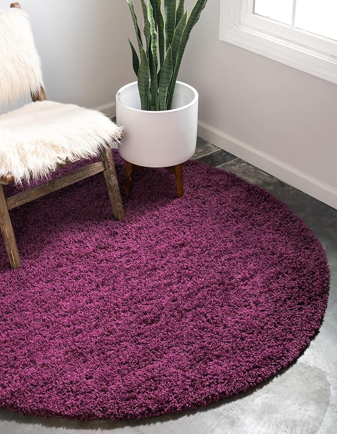 Unique Loom Solid Shag Collection Area Rug (5' 3" Round, Eggplant Purple)