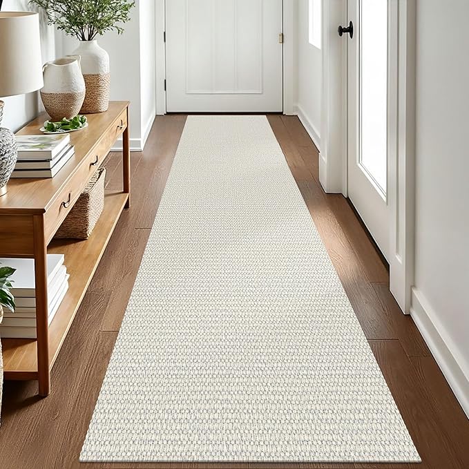 EARTHALL Woven Runner Rug 2x8 Ft Washable Runners for Hallways Cotton Rubber Backed Kitchen Runner Braided Indoor Floor Carpet Runners for Entryway, Hallway, Kitchen, Bedroom, Cream/Grayish