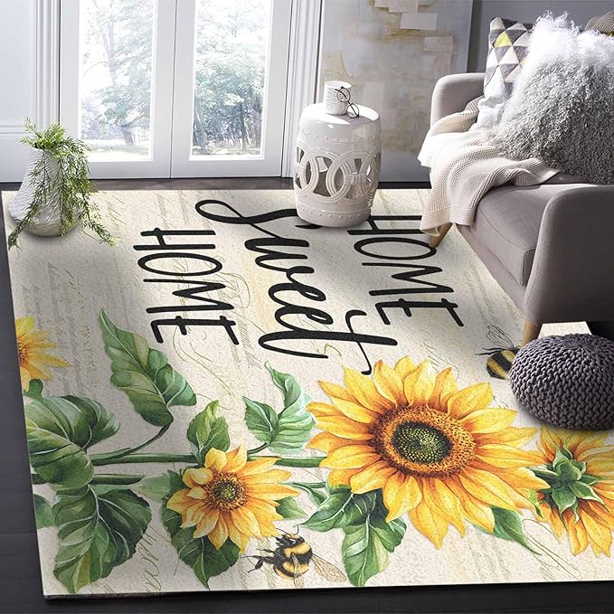 Summer Sunflowers Rectangular Area Rugs for Living Room Bedroom 5 x 6.9 ft Rustic Floral Bees Green Leaves Non-Shedding Soft Low Pile Rug Non Slip Washable Rug for Nursery Entryway Playroom
