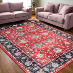 Area Rug for Living Room, 8x10 Machine Washable Non Slip Large Faux Wool Throw Rug, 0.3″ Low Pile & Non-Shedding Boho Large Carpet Rugs for for Dining Room, Bedroom, Office (Black Red)
