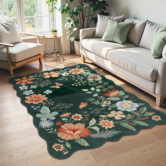 Lahome Floral Machine Washable Rug, 3x5 Rug Non Slip Soft Bedroom Rugs for Entryway Dorm, Ultra-Thin Boho Rugs for Living Room Stain Resistan Throw Carpet for Nursery Entrance, Dark Green