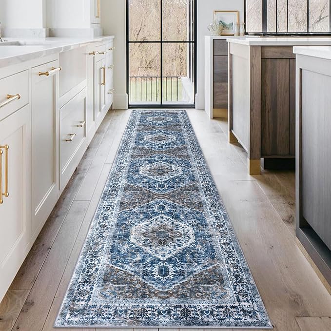KOZYFLY Long Runners for Hallways 2x10 Ft Washable Kitchen Runner Rug Boho Runner Rug for Entryway Indoor Blue Printed Oriental Faux Wool Stair Runner Floor Carpet Runner for Stair Kitchen Hall