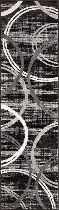 Rugshop Modern Wavy Circles Design Runner Rug, Fade-Resistant Carpet for Hallway, Entryway, or Kitchen, Black, 2' x 10'