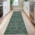 Vintage Floral 2.6x8 Runner Rug, Dark Green Washable Kitchen Runner Rug Non-Slip Hallway Rug Runner Boho Thin Printed Faux Wool Super Soft Carpet for Entryway Bedroom Laundry Room Indoor
