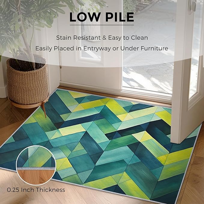 3x4 Geometric Zigzag Rugs for Bedroom Decor, Washable Green Chevron Pattern Area Rug, Living Room Home Decoration, Non Slip Soft Thin, Modern Abstract Geometry Decor Carpet PF-P 49