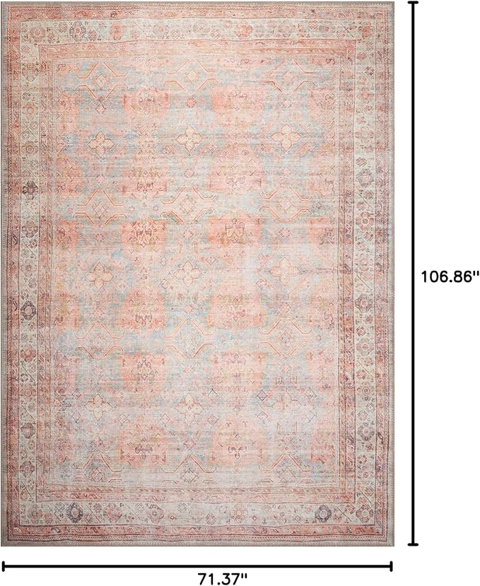 GLN Rugs Traditional Collection - Machine Washable Area Rug, Traditional Washable, Non Slip, Low Pile Chenille Rug, Living Room, Bedroom, Kitchen Rug (6' x 9' Terra/Multicolor 1153)