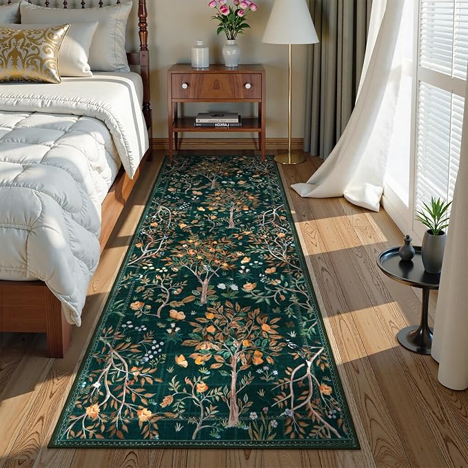 Morebes Boho Floral Rug Runners for Hallways Non Slip, Flower 2x8 Kitchen Runner Rug Washable, Soft Botanical Indoor Carpet Floor Runner for Entrance Bedroom Bedside, Dark Green