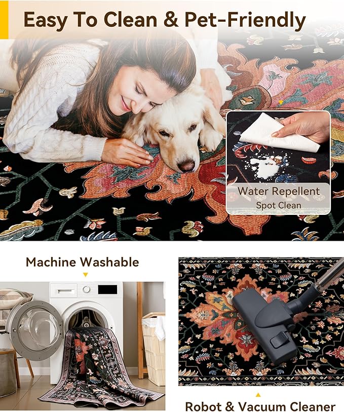 Area Rugs 8ft Washable Non-Slip, Floral Vintage Distress Print Pattern Medallion Carpet for Living Room Bedroom Dining Room, Black Colorful Floral Dark Tan
