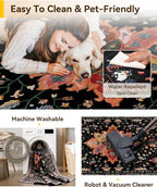 Area Rugs Square 8ft Washable Non-Slip, Floral Vintage Distress Print Pattern Medallion Carpet for Living Room Bedroom Dining Room, Black Colorful Floral Dark Tan