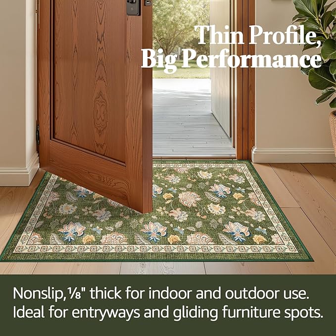 jinchan Elora 2x3 Floral Rug for Entryway Washable Kitchen Rug Vintage Romance Design Small Mat Non Slip Indoor Doormat Lightweight Low-Profile Throw Carpet for Entrance Bathroom Laundry Room, Green